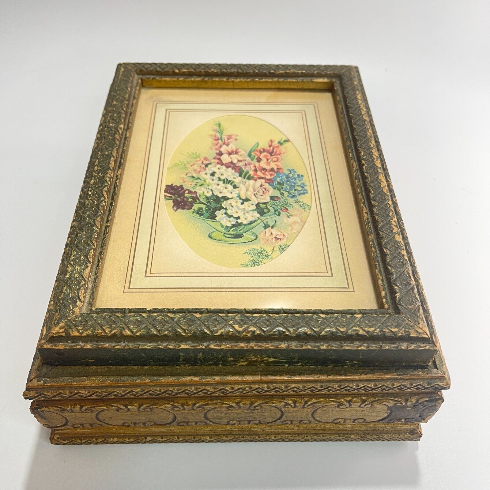 Vintage 1900s Victorian Wooden Picture Frame Jewelry Box with Glass Top