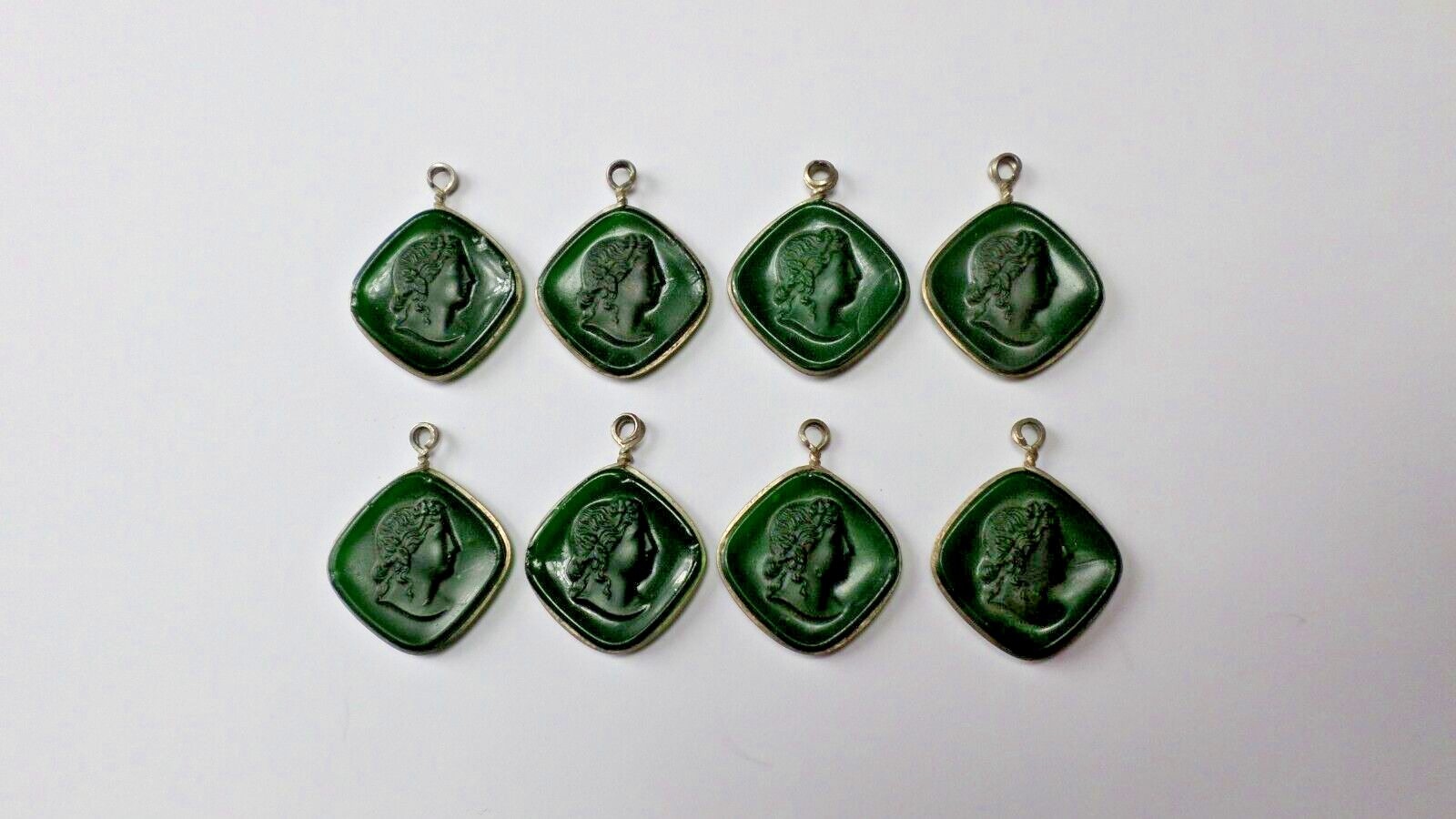 8-1800's Green Glass Women Cameo Silver 800 Charms, Pendants or Earrings 32x24mm