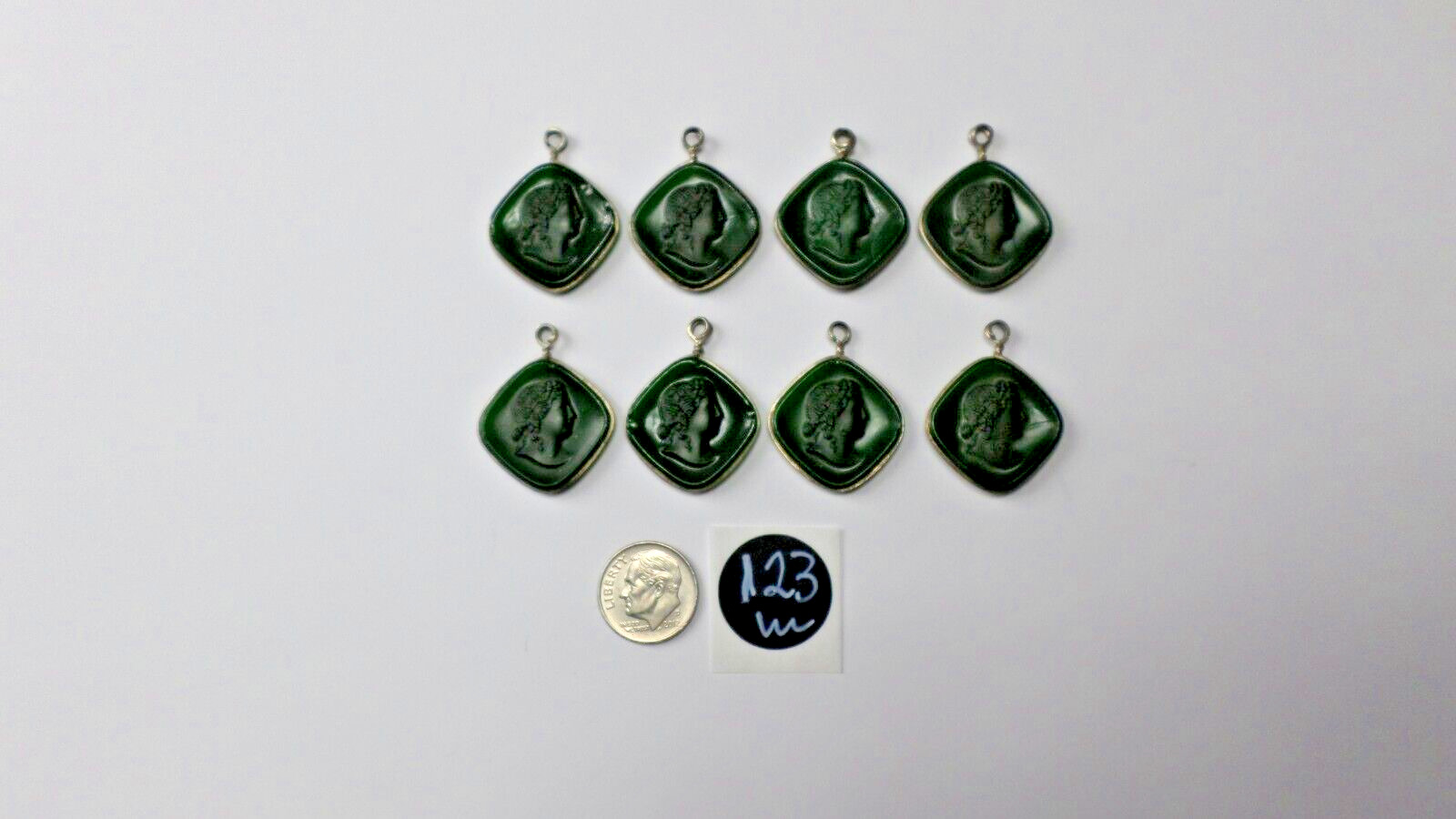 8-1800's Green Glass Women Cameo Silver 800 Charms, Pendants or Earrings 32x24mm