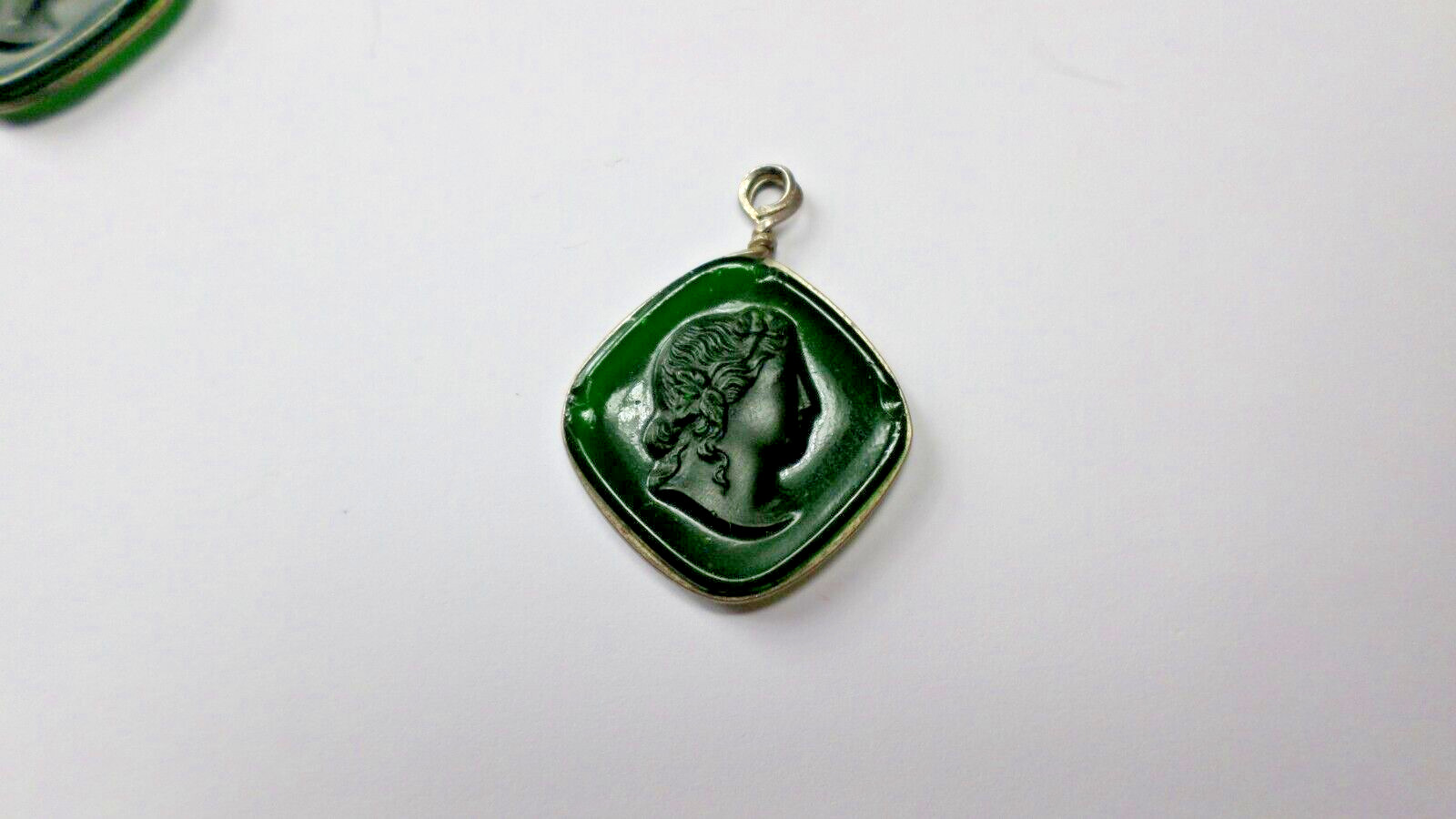 8-1800's Green Glass Women Cameo Silver 800 Charms, Pendants or Earrings 32x24mm