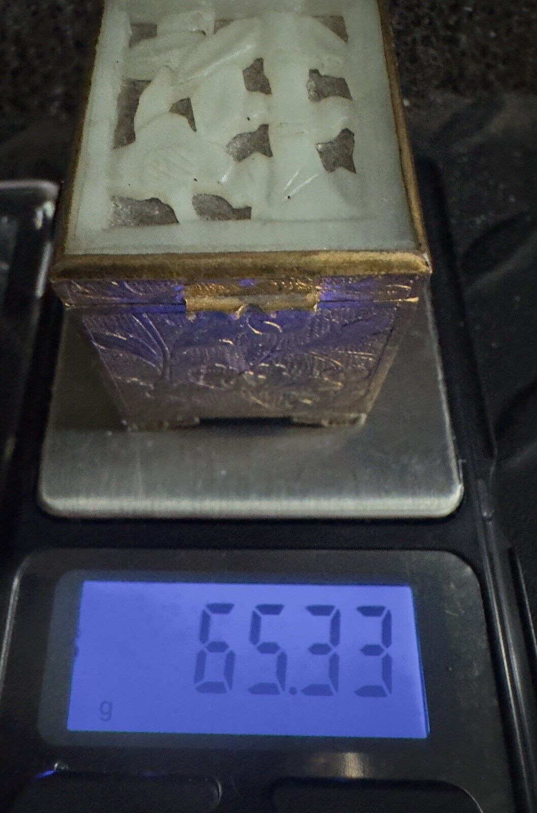 BRASS Jade Box old Vintage Antique stamps earrings pills 1900s 1x1" see story