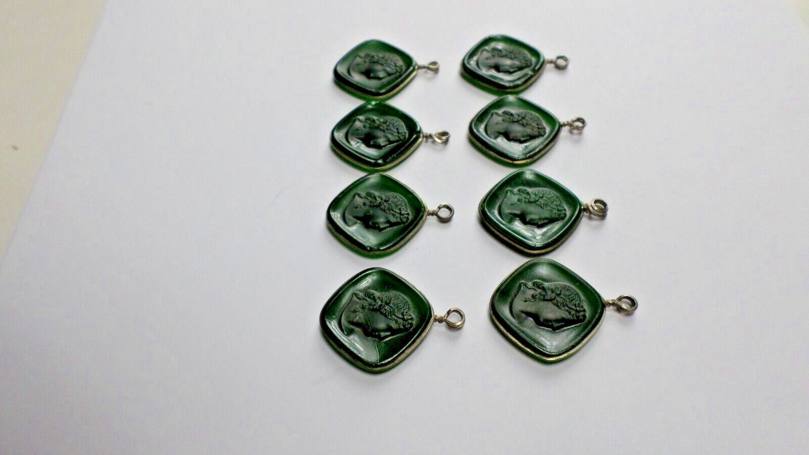 8-1800's Green Glass Women Cameo Silver 800 Charms, Pendants or Earrings 32x24mm