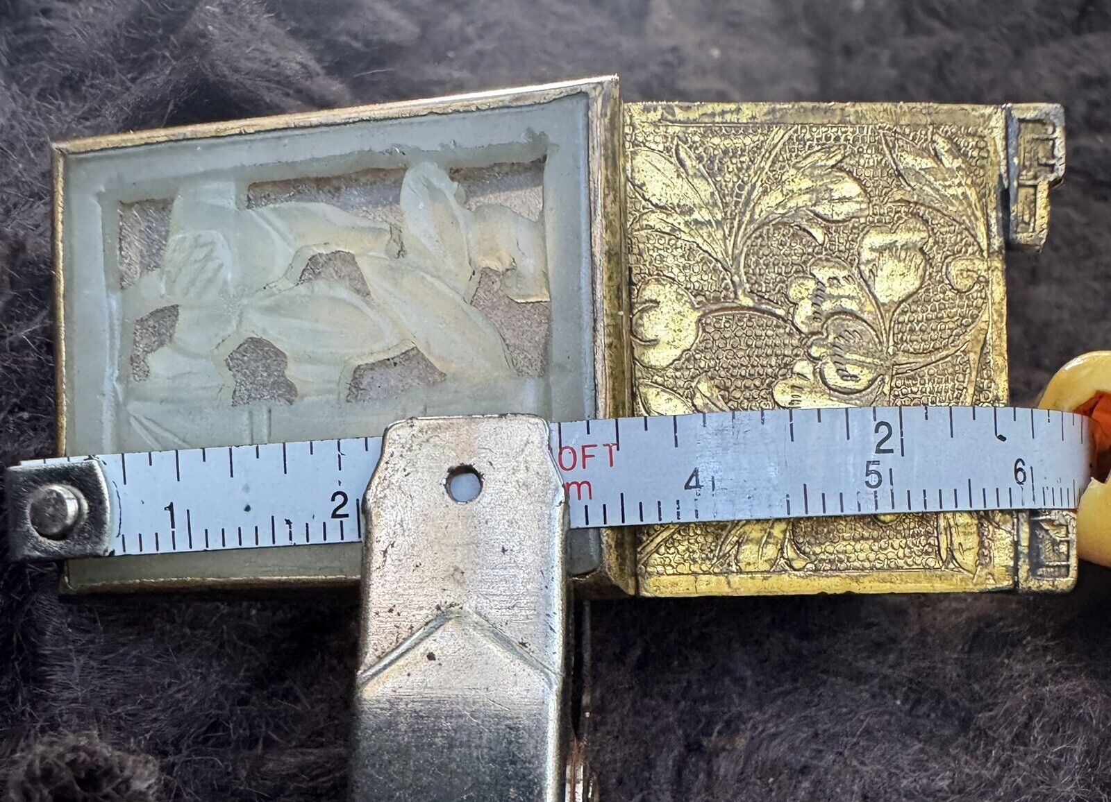 BRASS Jade Box old Vintage Antique stamps earrings pills 1900s 1x1" see story