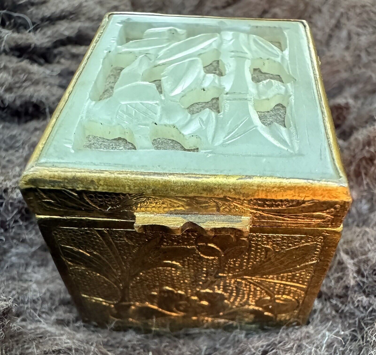 BRASS Jade Box old Vintage Antique stamps earrings pills 1900s 1x1" see story