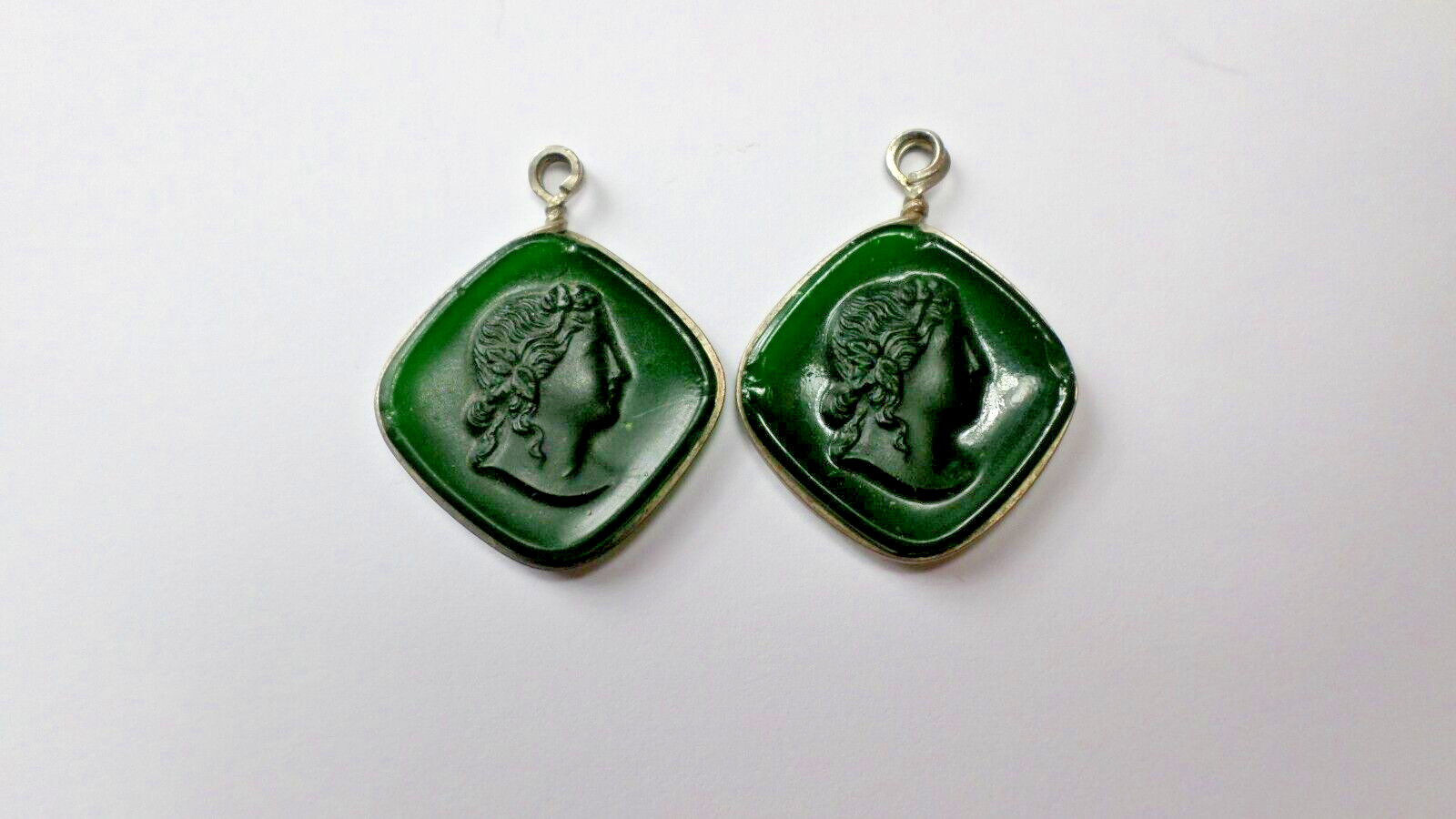 8-1800's Green Glass Women Cameo Silver 800 Charms, Pendants or Earrings 32x24mm