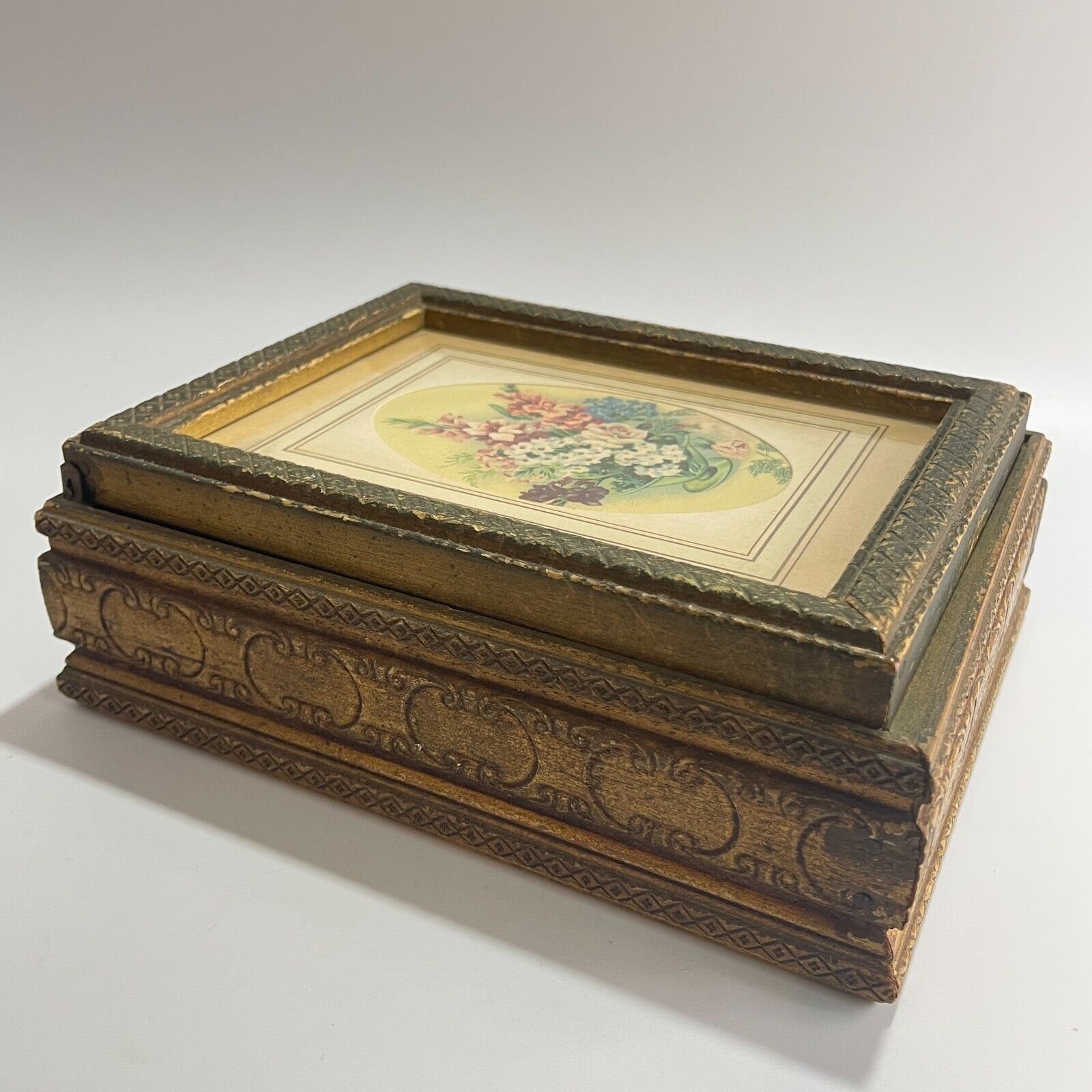 Vintage 1900s Victorian Wooden Picture Frame Jewelry Box with Glass Top