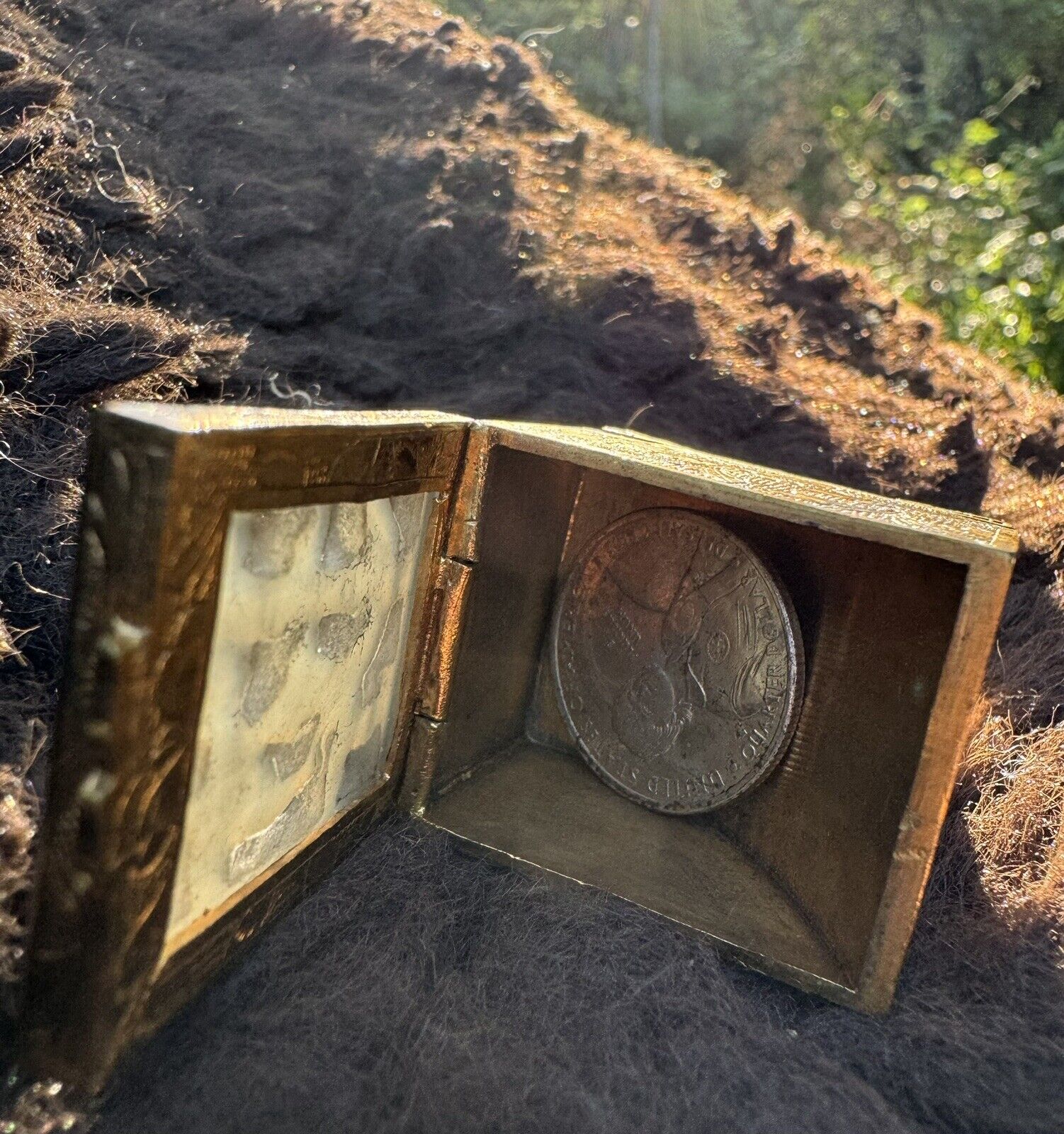 BRASS Jade Box old Vintage Antique stamps earrings pills 1900s 1x1" see story