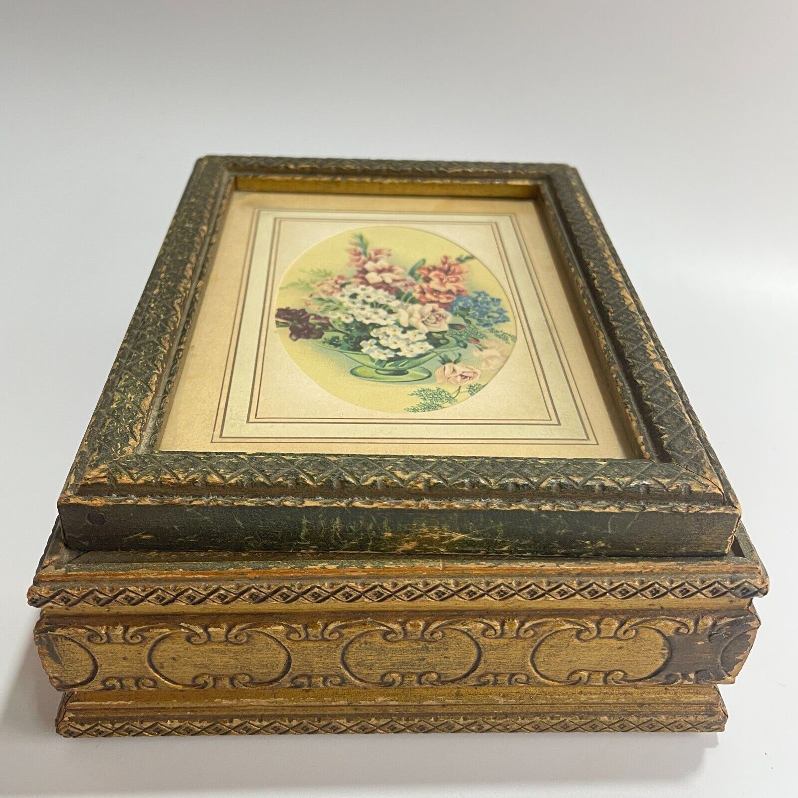 Vintage 1900s Victorian Wooden Picture Frame Jewelry Box with Glass Top