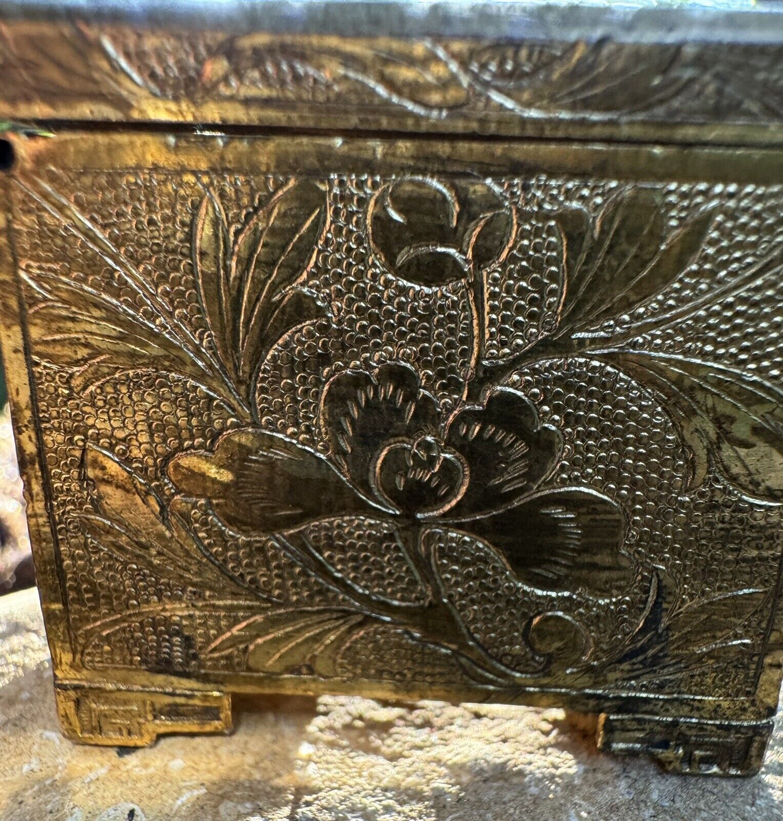 BRASS Jade Box old Vintage Antique stamps earrings pills 1900s 1x1" see story