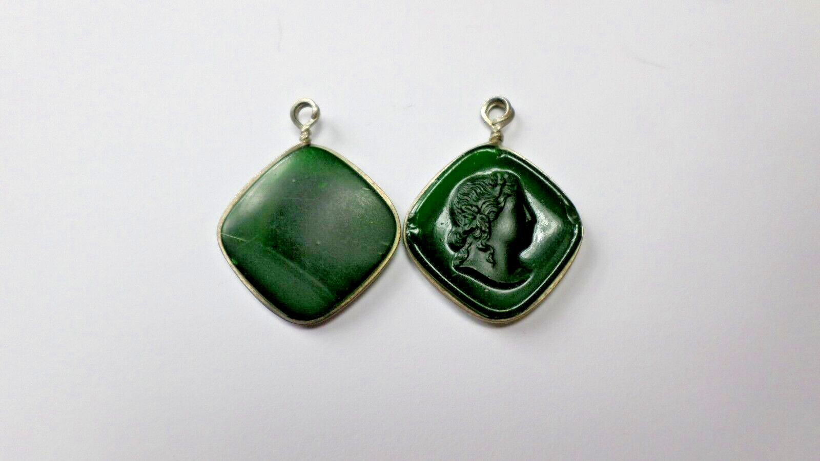 8-1800's Green Glass Women Cameo Silver 800 Charms, Pendants or Earrings 32x24mm