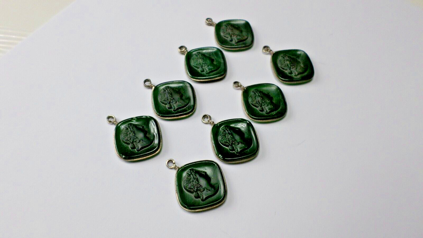 8-1800's Green Glass Women Cameo Silver 800 Charms, Pendants or Earrings 32x24mm