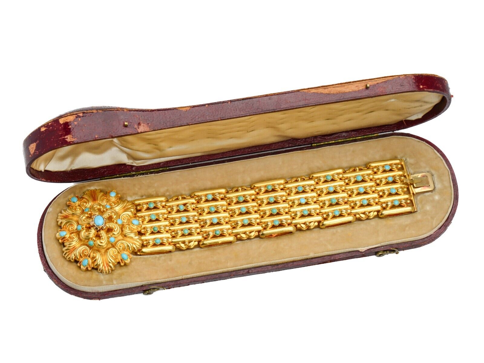 Superlative Georgian 18k Gold Turquoise Wide Link Bracelet Original Box c. 1830