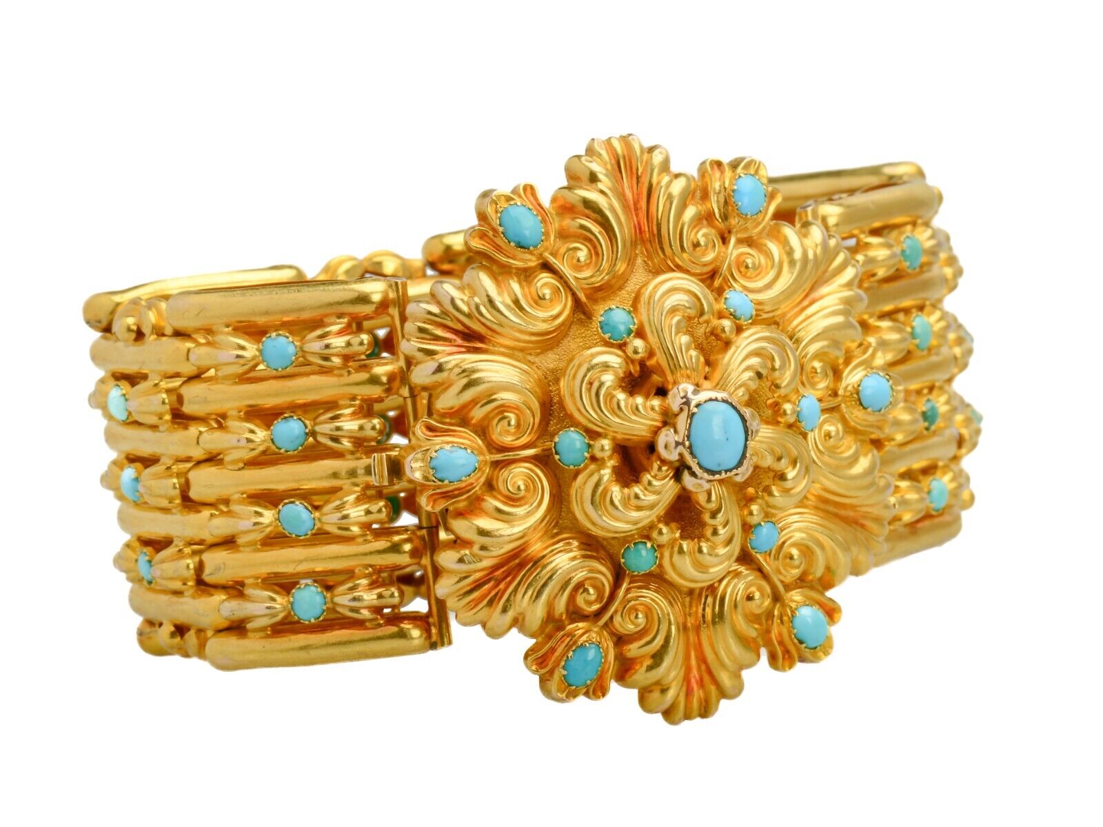 Superlative Georgian 18k Gold Turquoise Wide Link Bracelet Original Box c. 1830