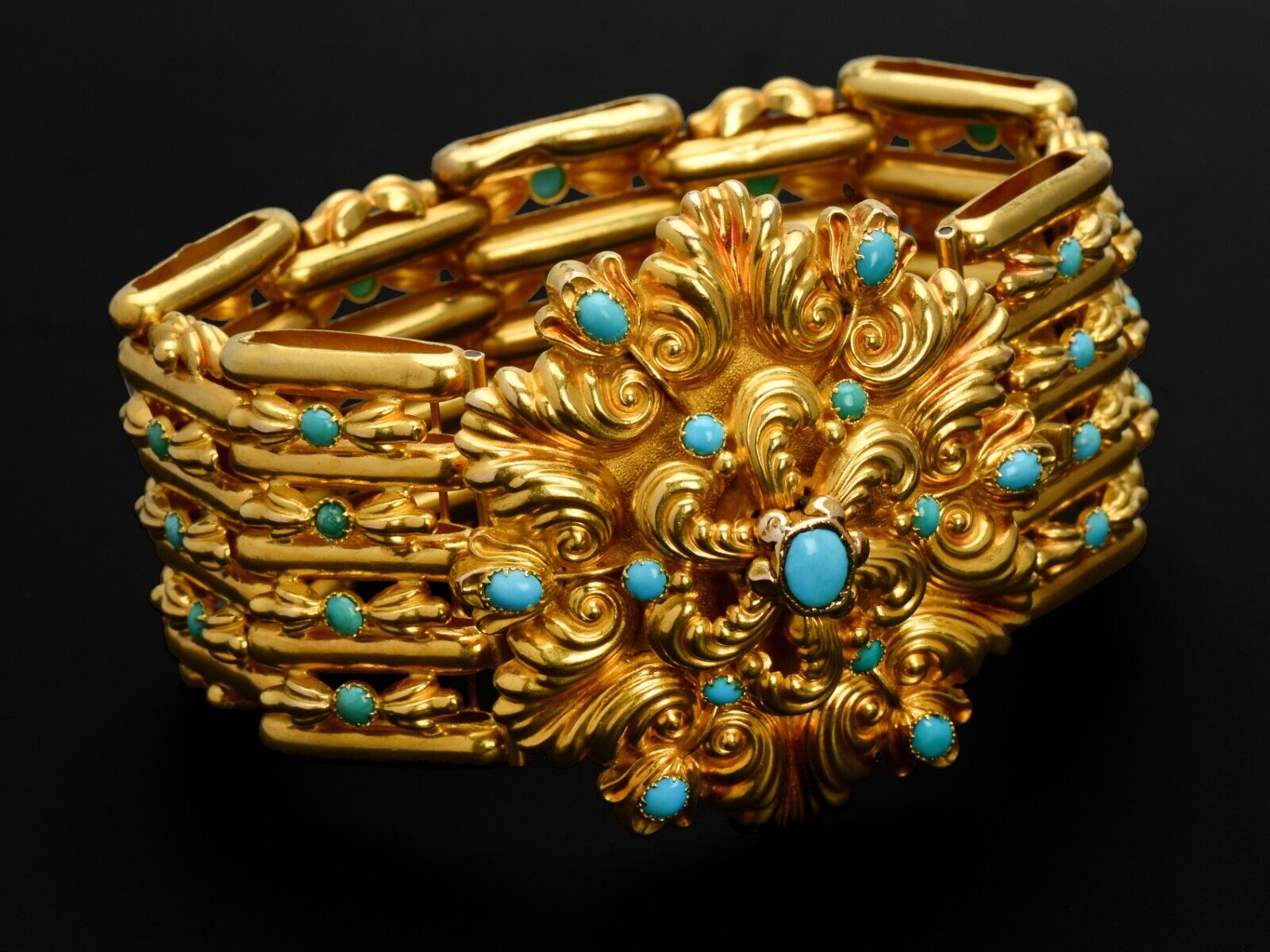 Superlative Georgian 18k Gold Turquoise Wide Link Bracelet Original Box c. 1830
