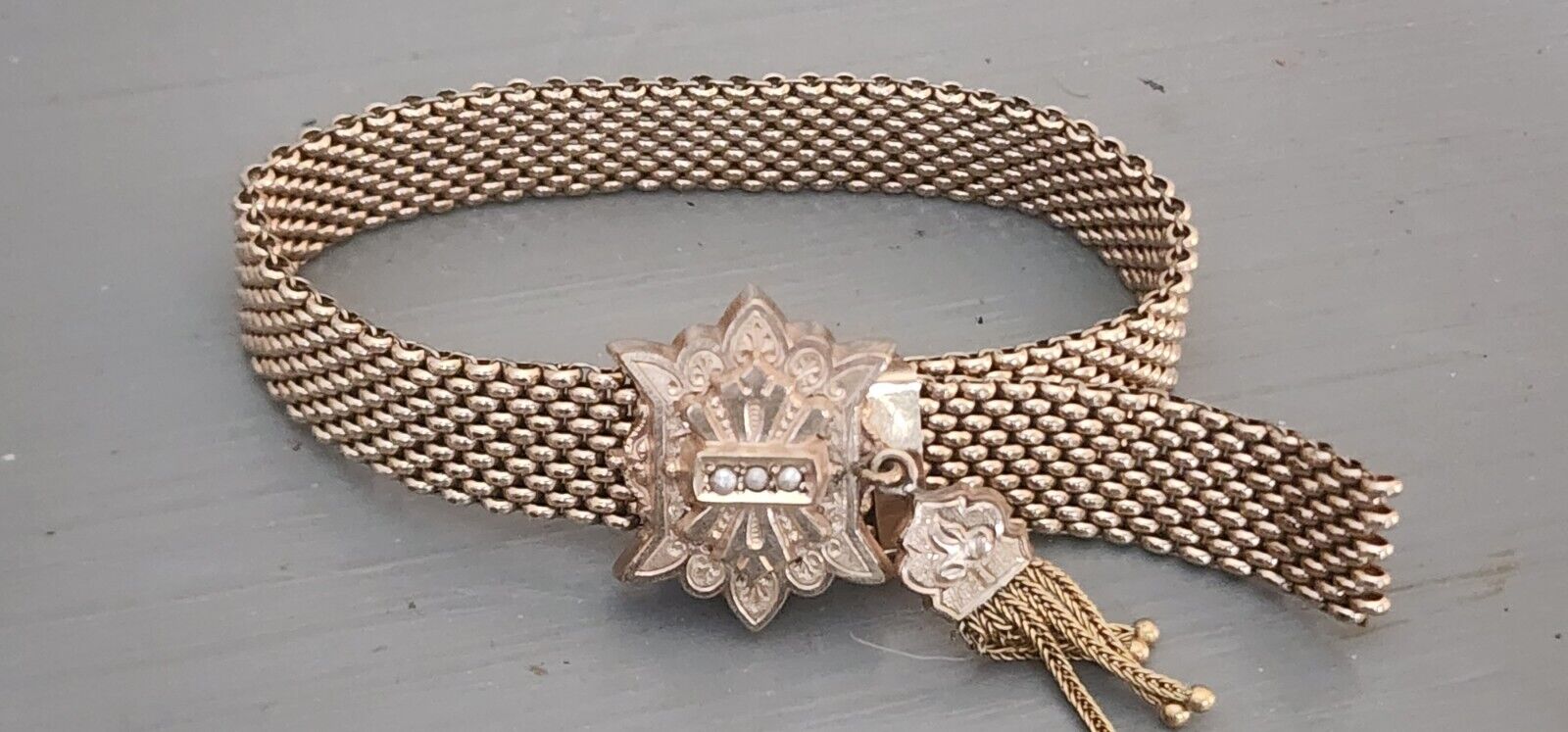Antique Victorian Gold Filled RGP Mesh Slide Tassel Bracelet PAT. 1800'S