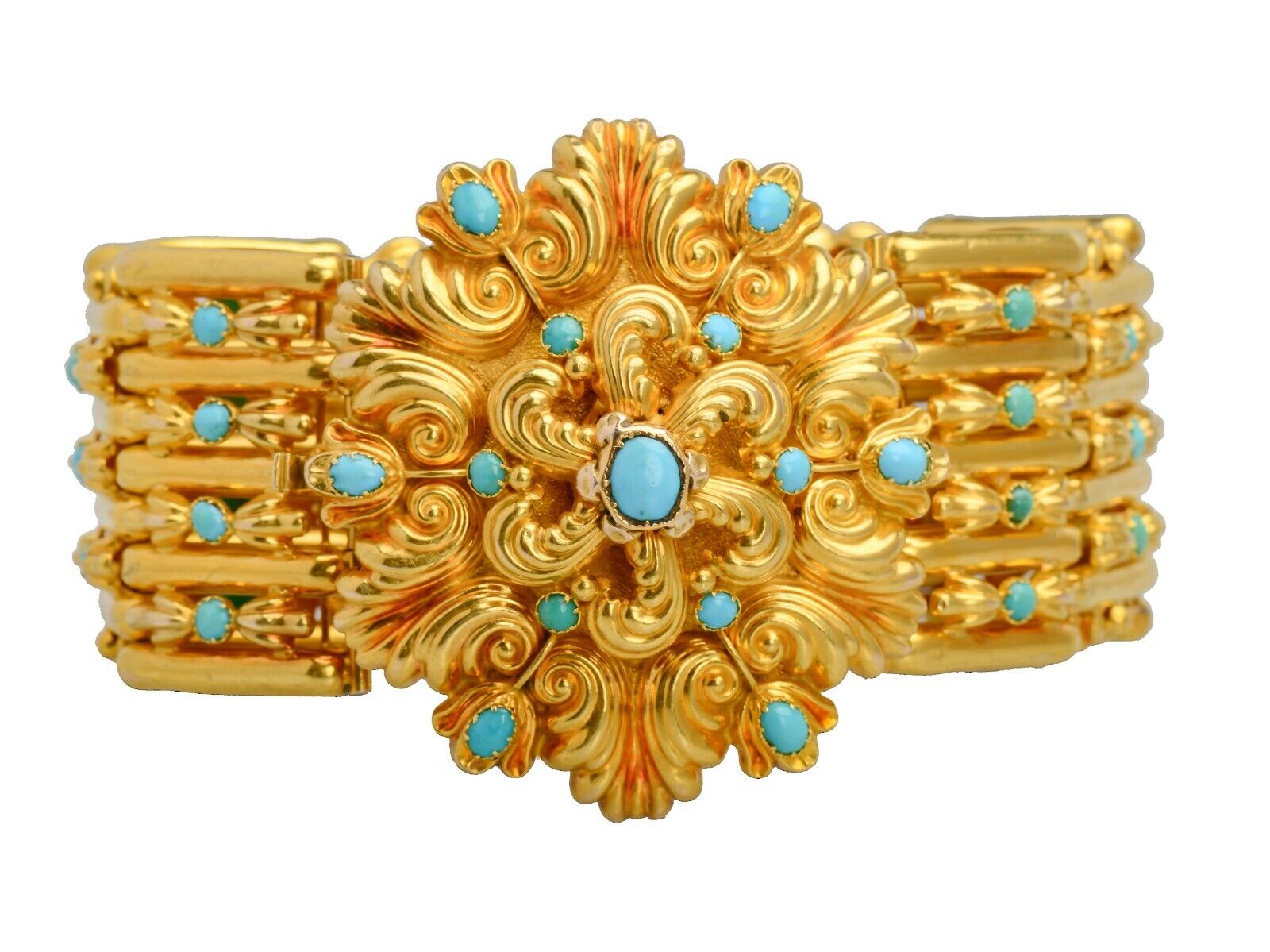 Superlative Georgian 18k Gold Turquoise Wide Link Bracelet Original Box c. 1830