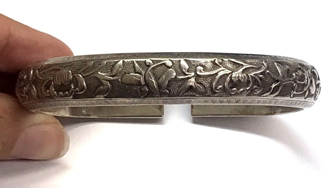 Sterling Silver 1800's Antique Floral Handcrafted Artisan Cuff Bangle Bracelet