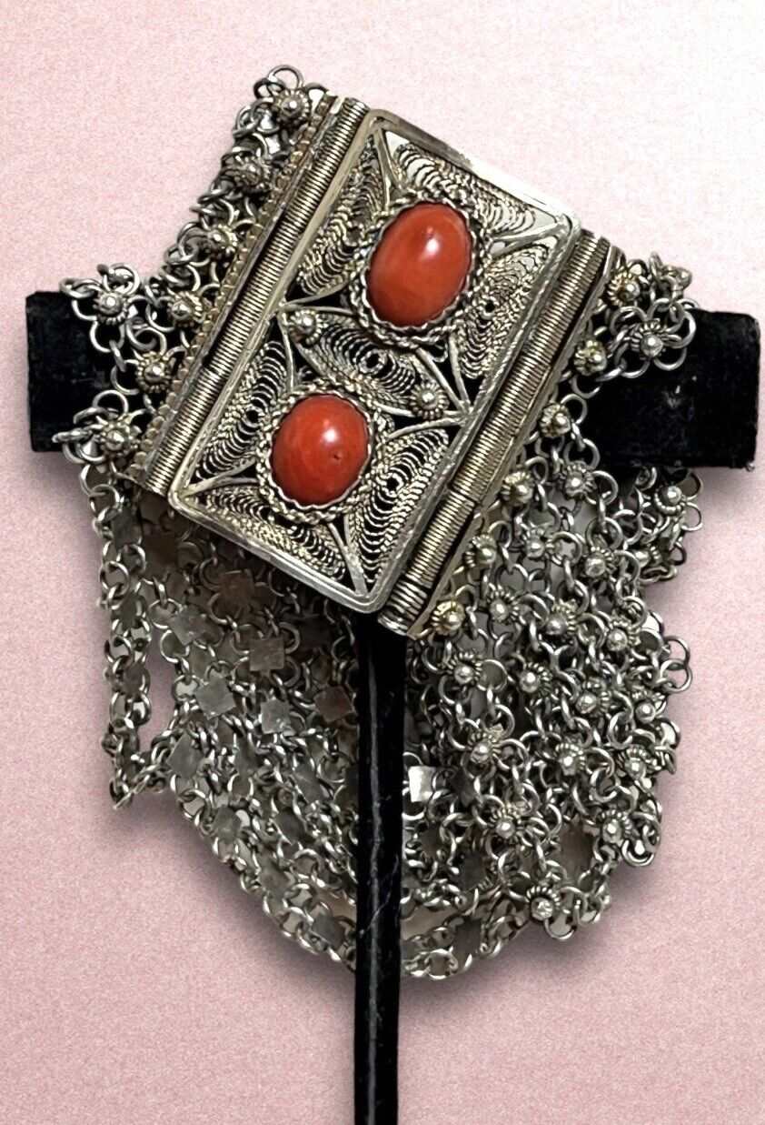 ANTIQUE 1800’s Georgian FRENCH STERLING SILVER CORAL ORNATE CHAIN MAIL BRACELET