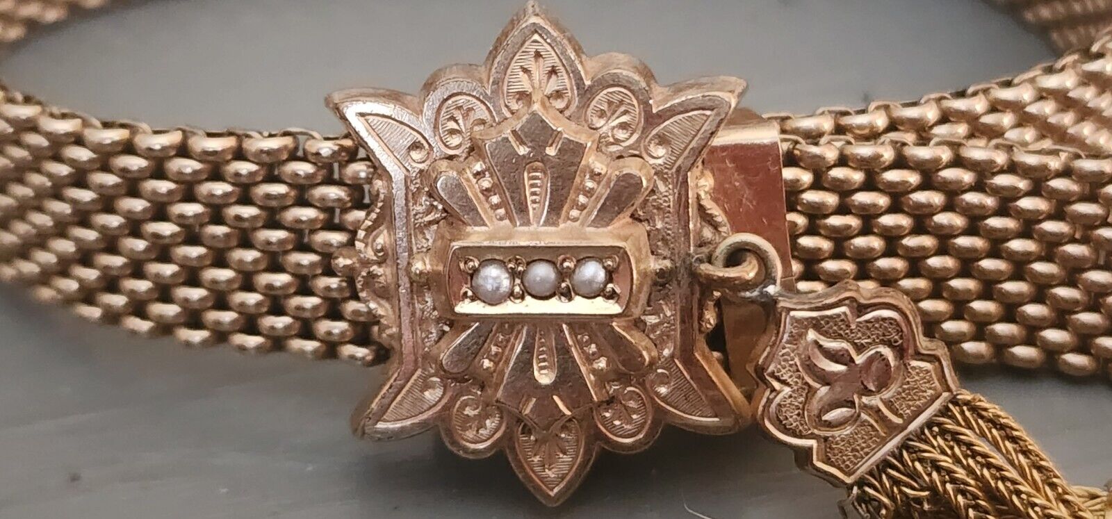 Antique Victorian Gold Filled RGP Mesh Slide Tassel Bracelet PAT. 1800'S