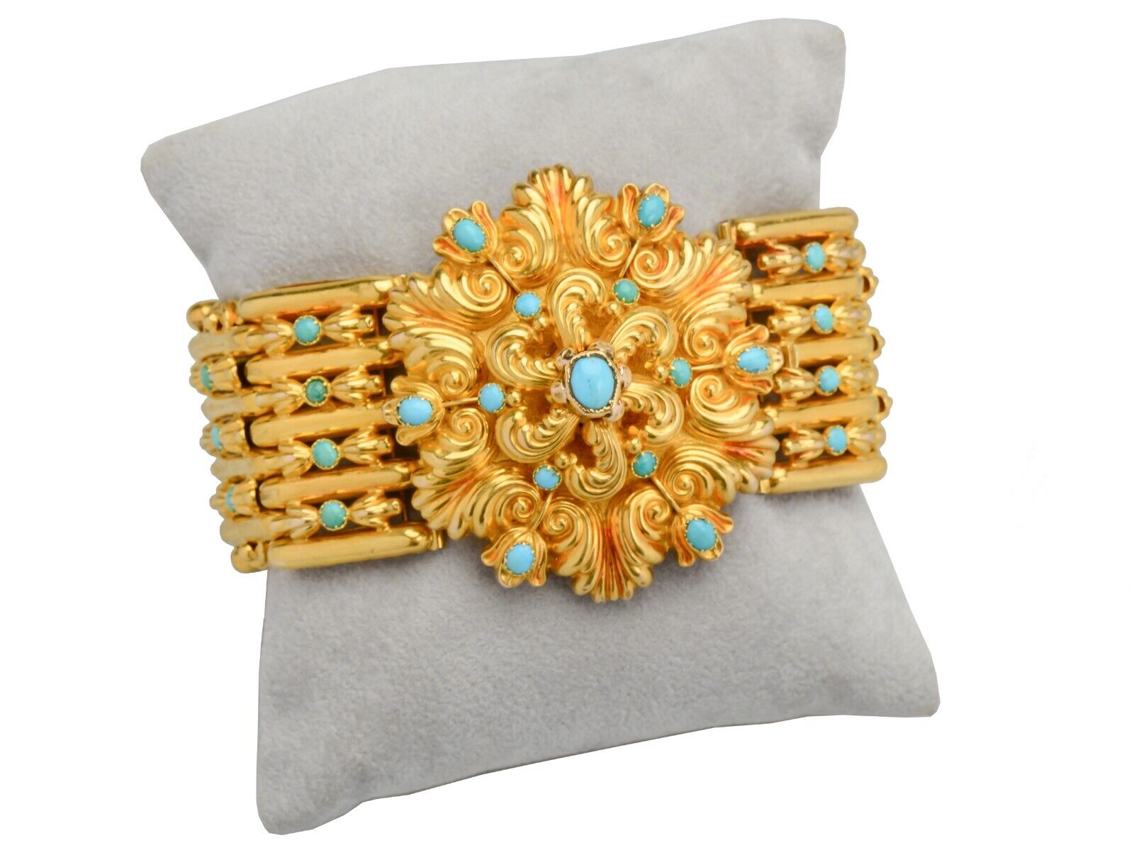 Superlative Georgian 18k Gold Turquoise Wide Link Bracelet Original Box c. 1830