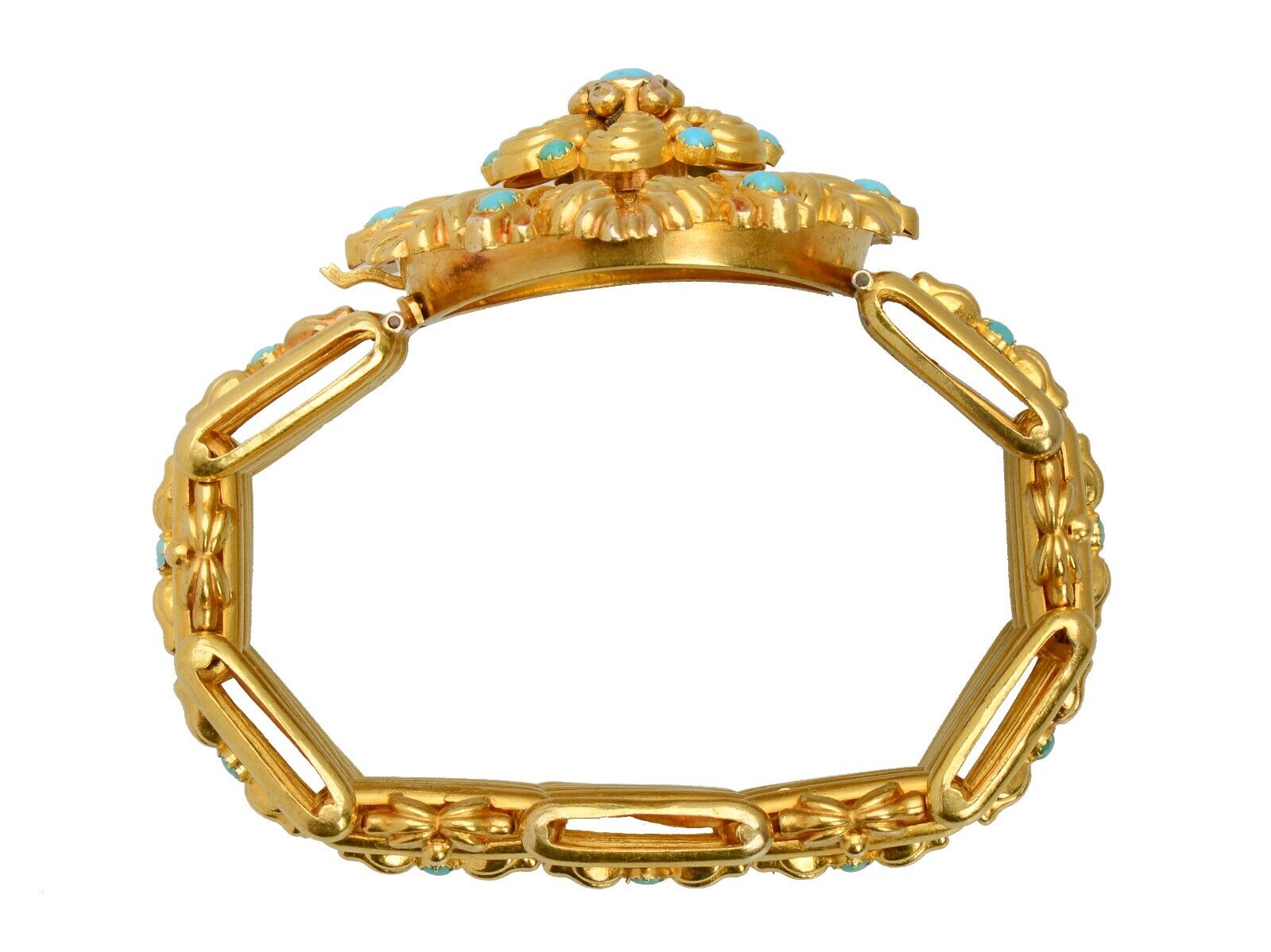 Superlative Georgian 18k Gold Turquoise Wide Link Bracelet Original Box c. 1830