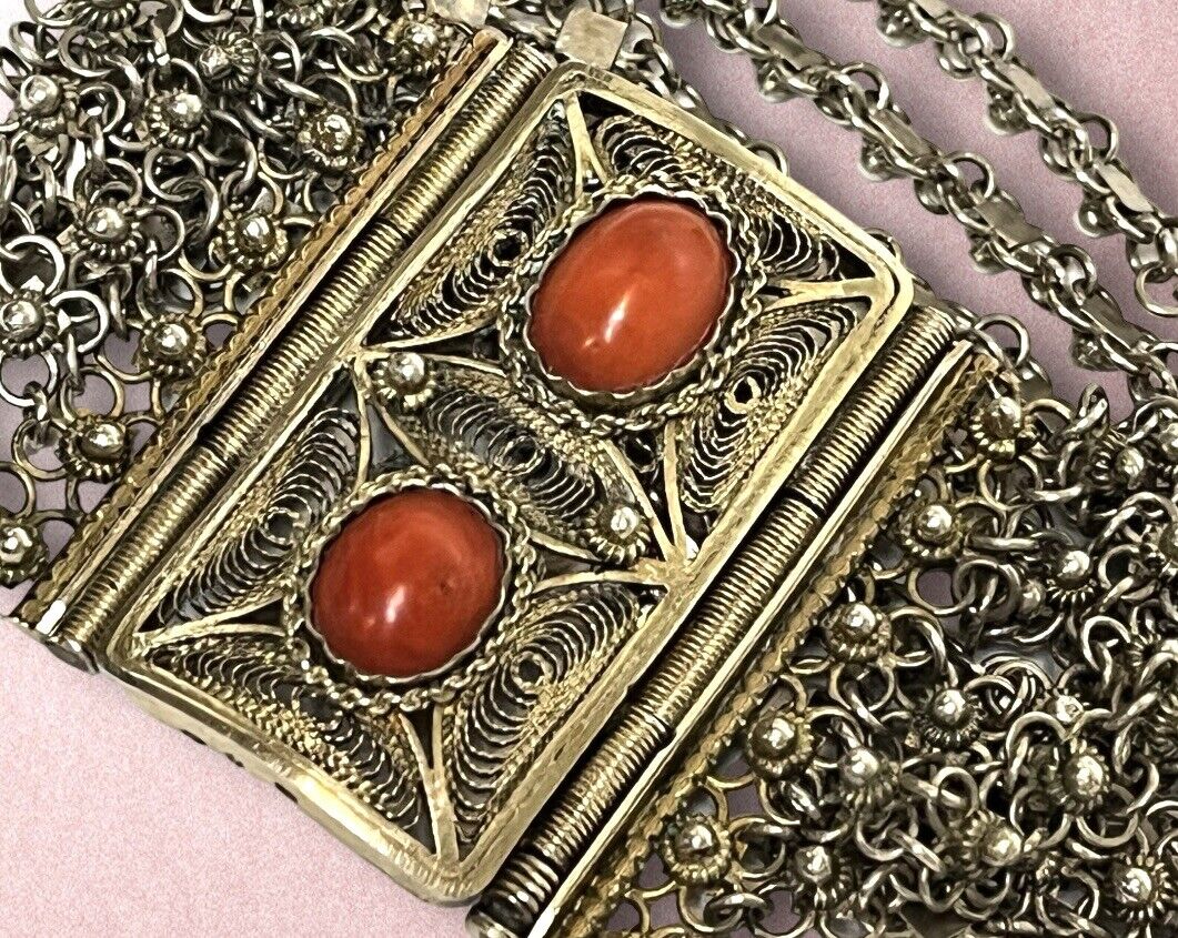 ANTIQUE 1800’s Georgian FRENCH STERLING SILVER CORAL ORNATE CHAIN MAIL BRACELET