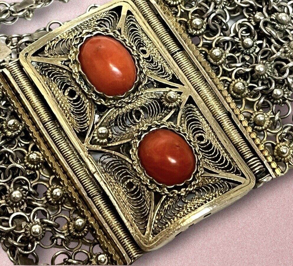 ANTIQUE 1800’s Georgian FRENCH STERLING SILVER CORAL ORNATE CHAIN MAIL BRACELET