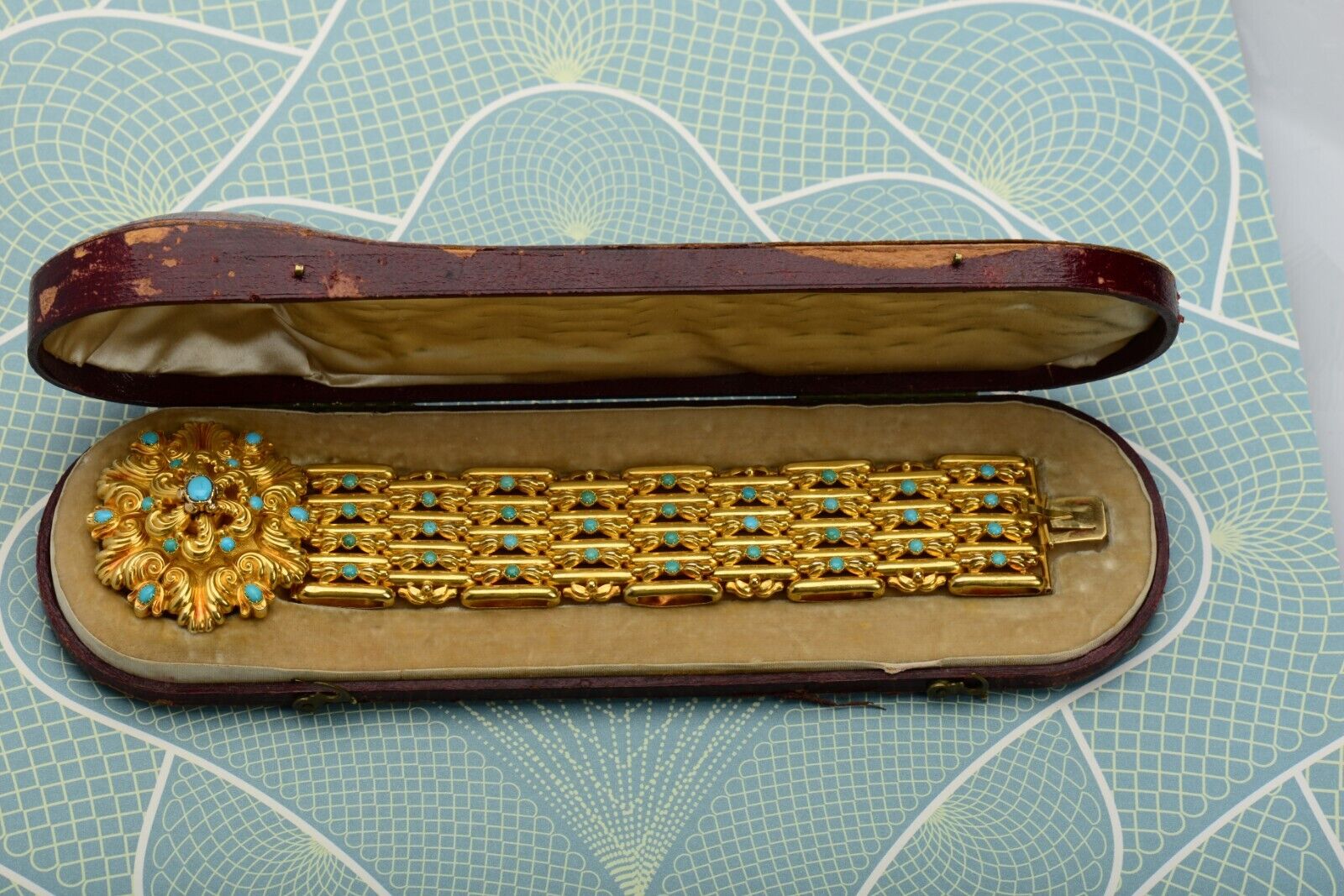 Superlative Georgian 18k Gold Turquoise Wide Link Bracelet Original Box c. 1830