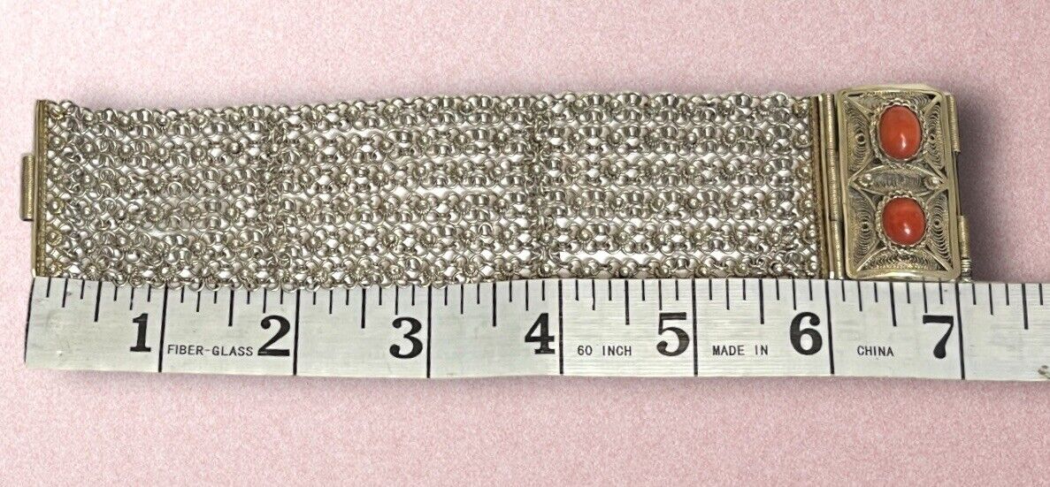 ANTIQUE 1800’s Georgian FRENCH STERLING SILVER CORAL ORNATE CHAIN MAIL BRACELET