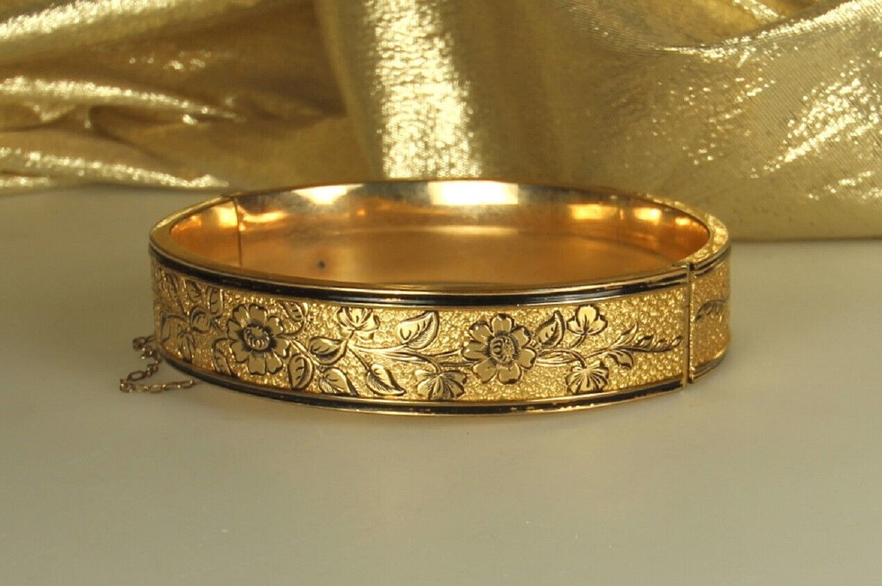 GOLD Filled EDWARDIAN Bracelet 1900s Hinged Bangle JH PECKHAM 12k Blk Enamel FAB