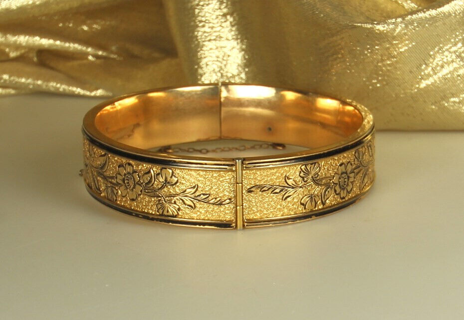 GOLD Filled EDWARDIAN Bracelet 1900s Hinged Bangle JH PECKHAM 12k Blk Enamel FAB