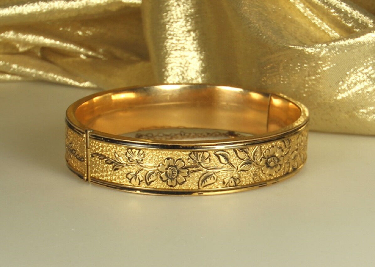 GOLD Filled EDWARDIAN Bracelet 1900s Hinged Bangle JH PECKHAM 12k Blk Enamel FAB
