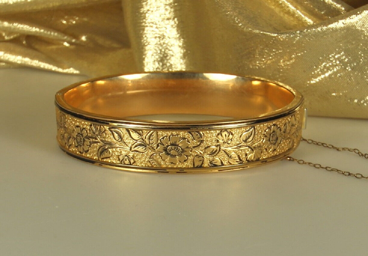 GOLD Filled EDWARDIAN Bracelet 1900s Hinged Bangle JH PECKHAM 12k Blk Enamel FAB