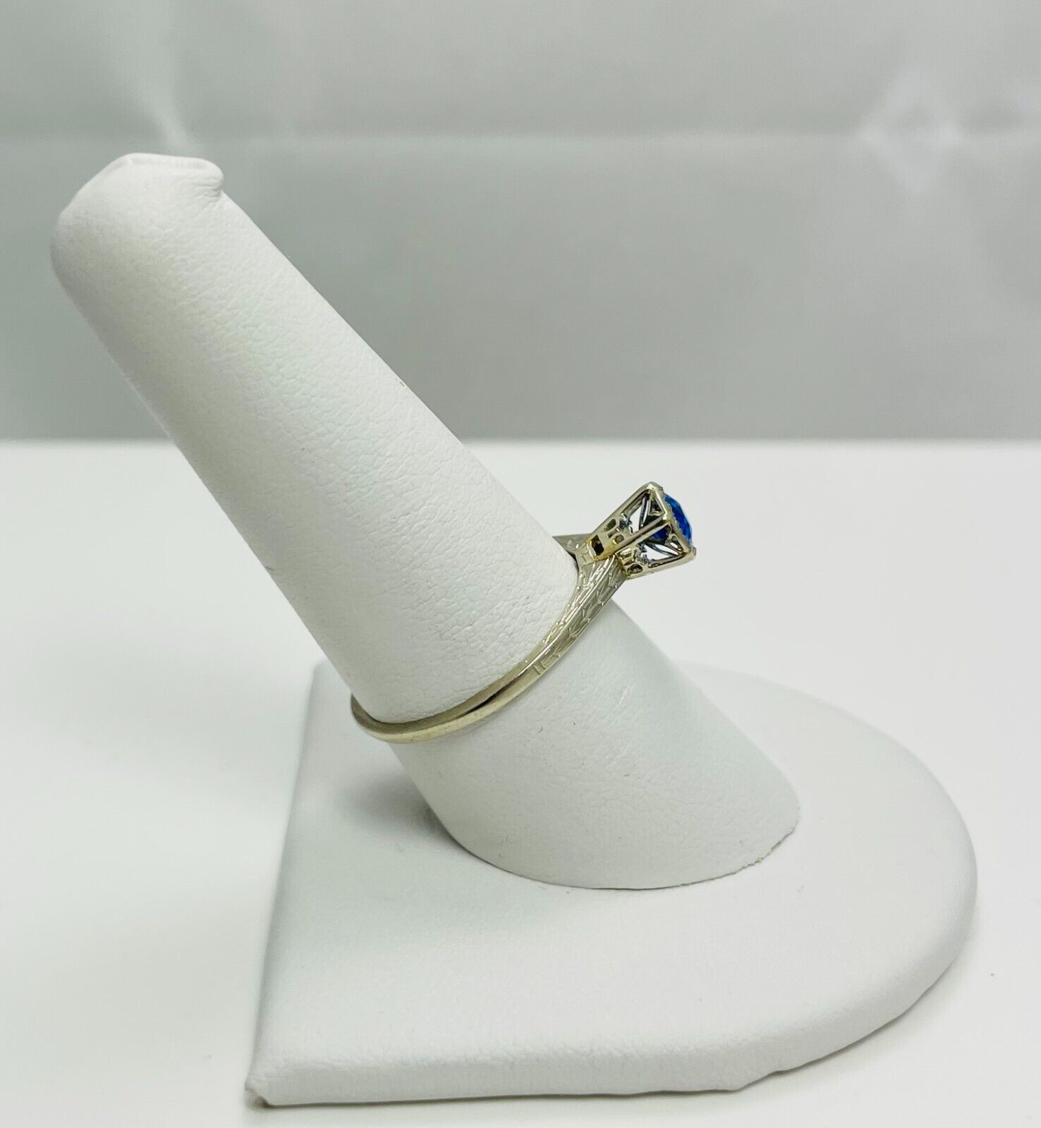 Early 1900's Vibrant Blue Gem 18k White Gold Engagement Ring (4774)