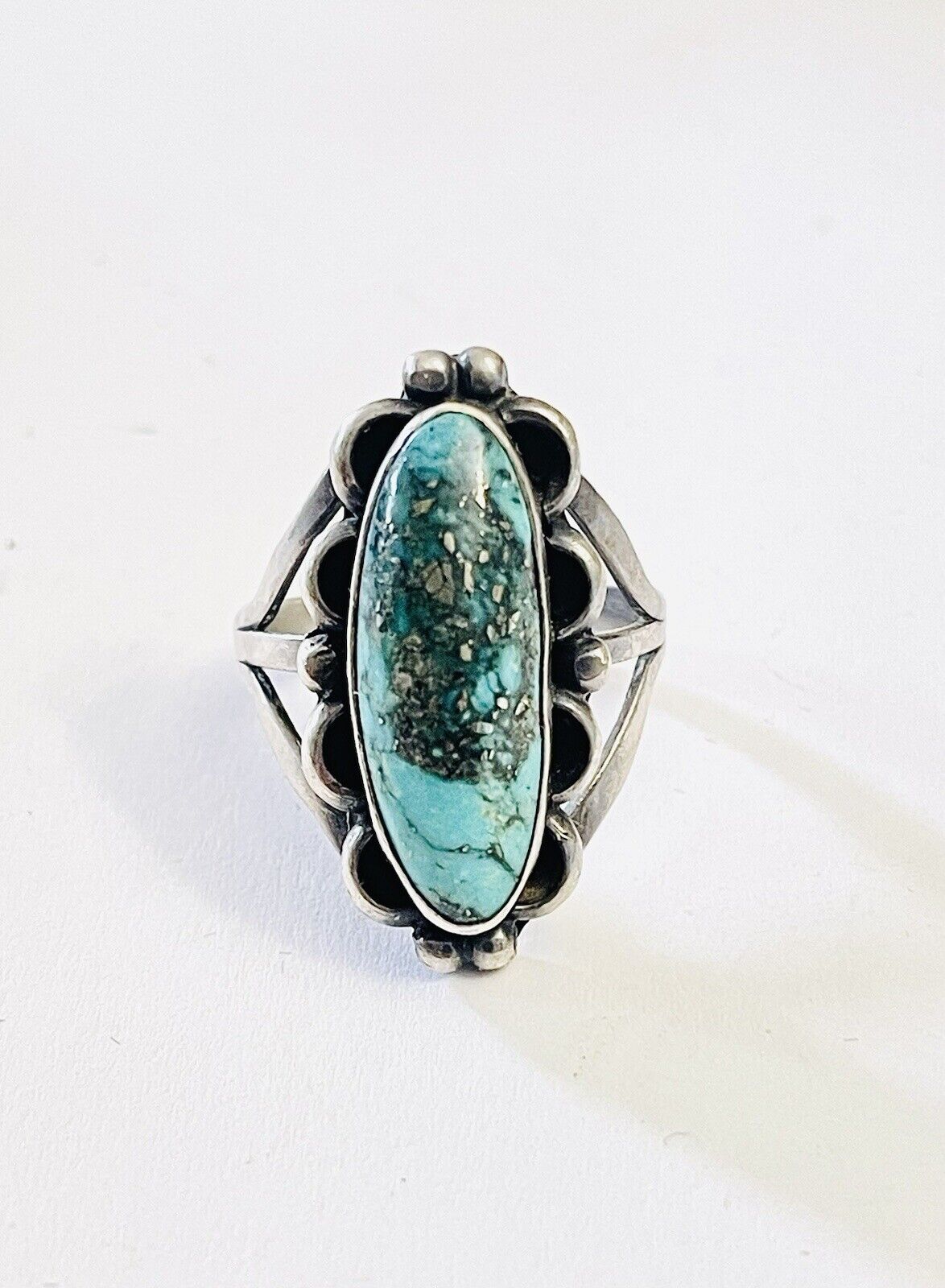 Remarkable Early 1900's Coin Sterling Silver Turquoise Ring Navajo Size 7.5