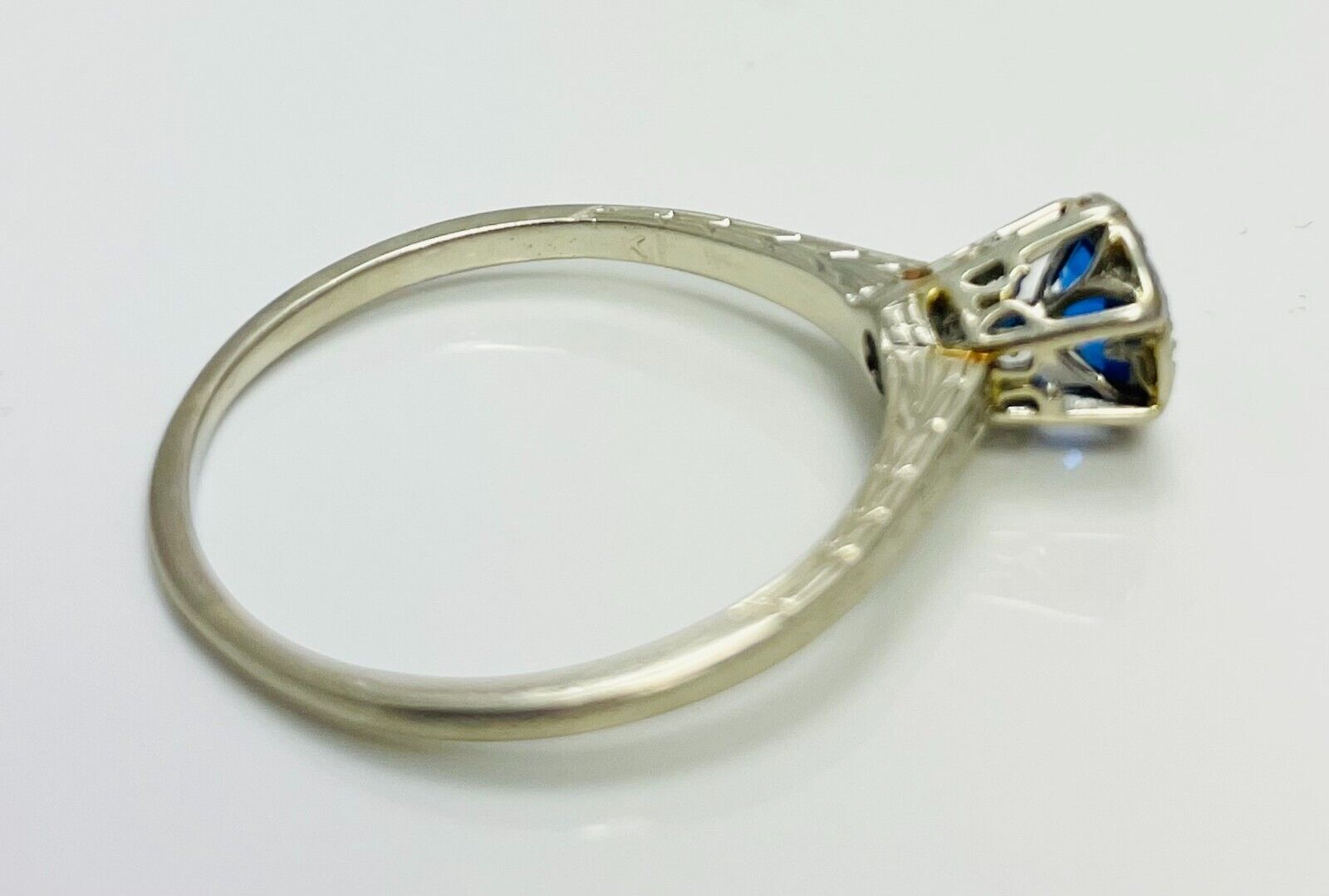 Early 1900's Vibrant Blue Gem 18k White Gold Engagement Ring (4774)