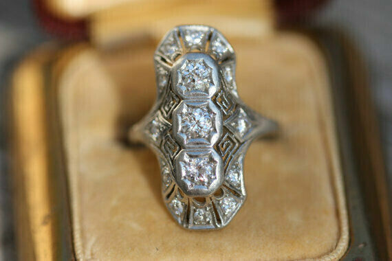 Vintage Circa 1900'S Three Stone Ring 14K White Gold Over 2 Ct Simulated Diamond