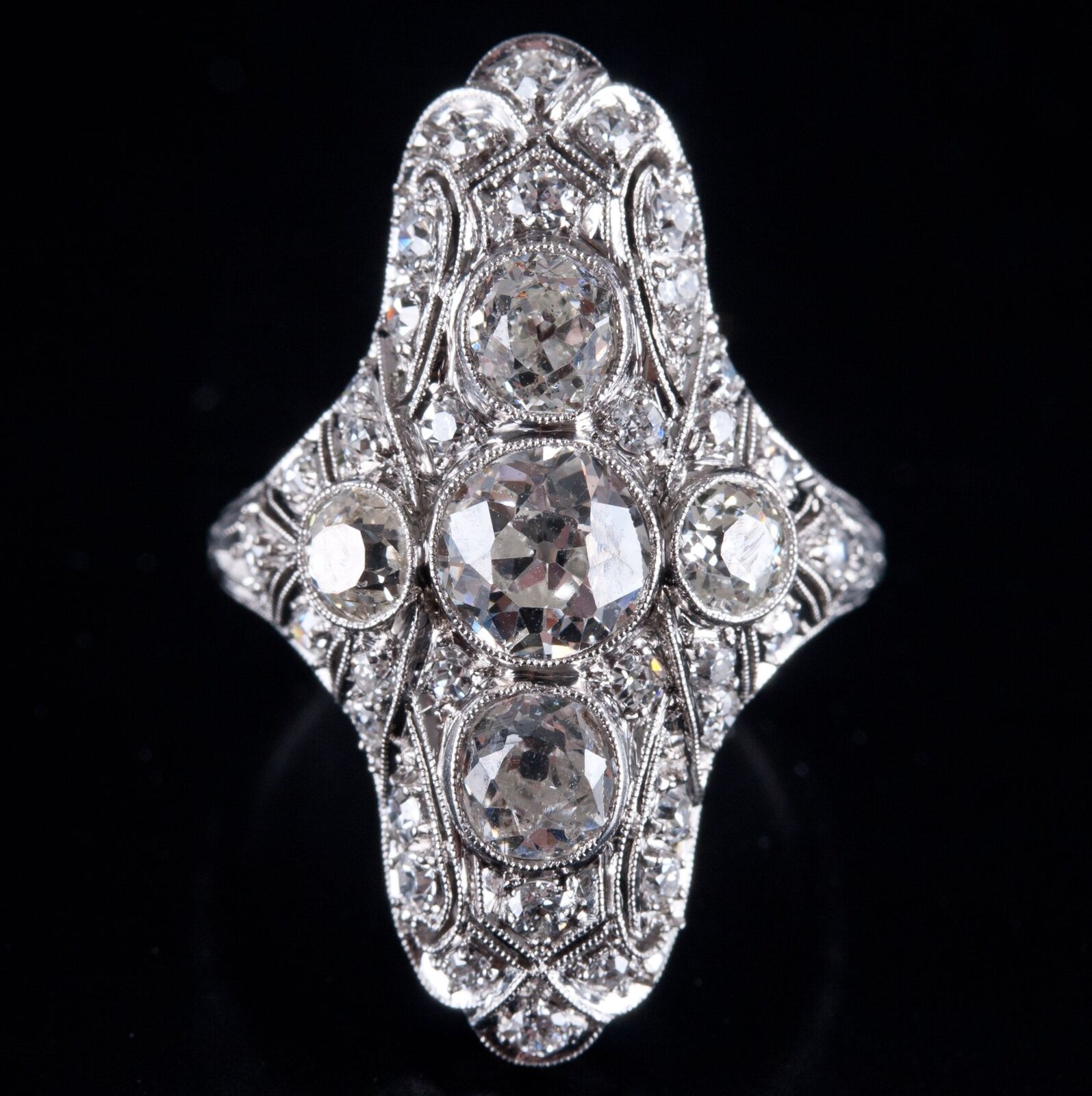 Vintage 1900s Platinum J SI1 Old European Diamond Filigree Cocktail Ring 2.19ctw