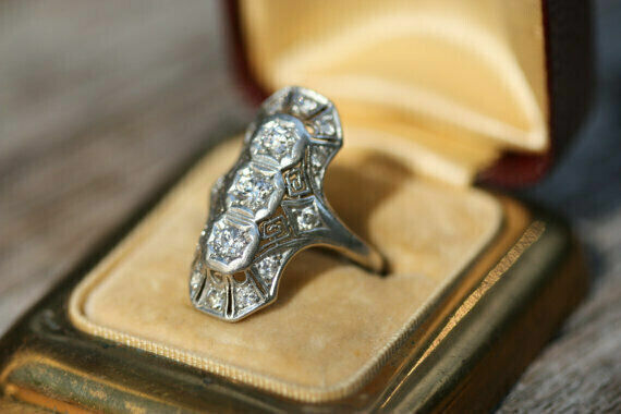 Vintage Circa 1900'S Three Stone Ring 14K White Gold Over 2 Ct Simulated Diamond
