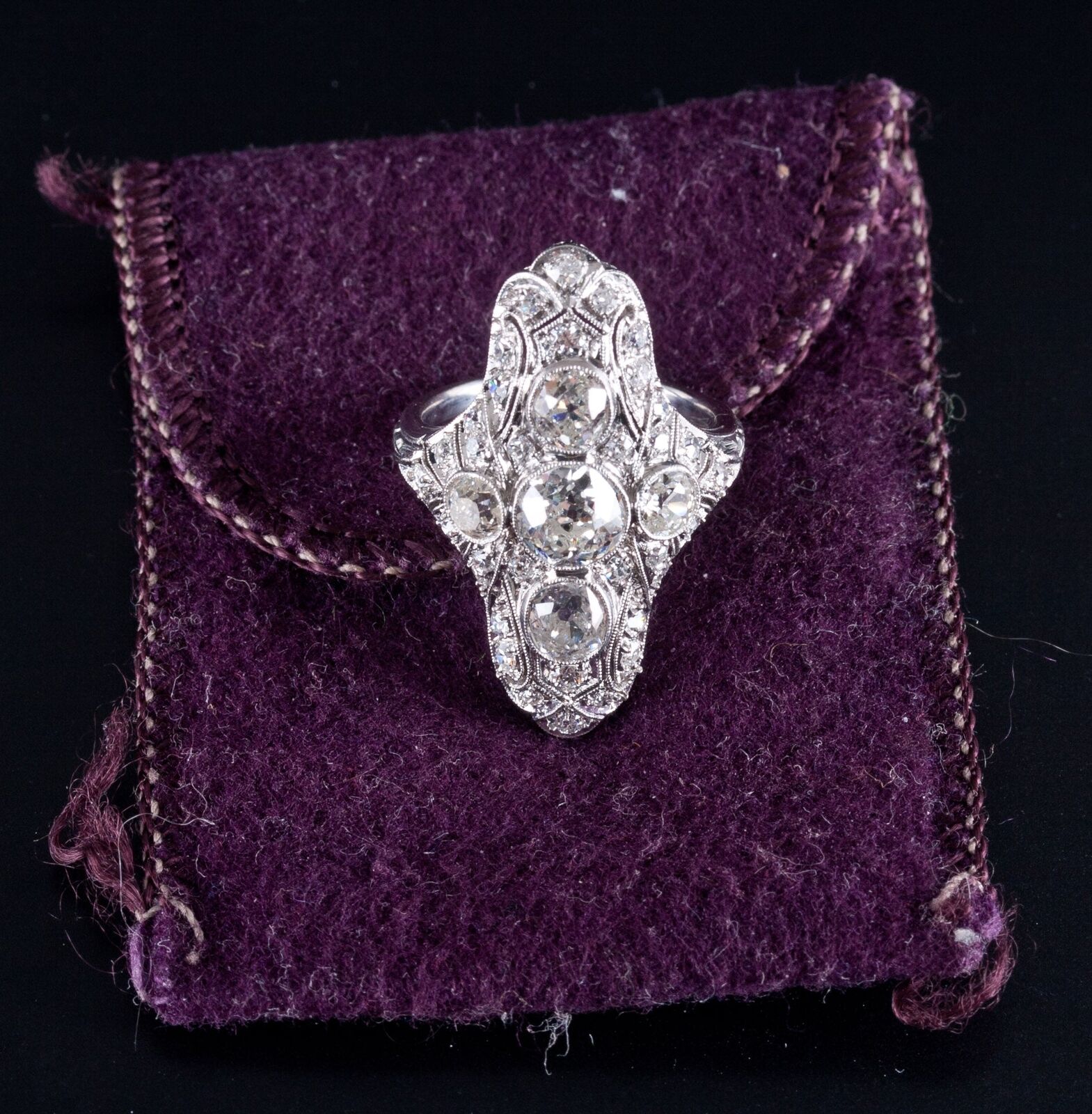 Vintage 1900s Platinum J SI1 Old European Diamond Filigree Cocktail Ring 2.19ctw