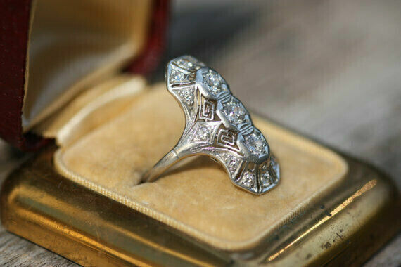 Vintage Circa 1900'S Three Stone Ring 14K White Gold Over 2 Ct Simulated Diamond
