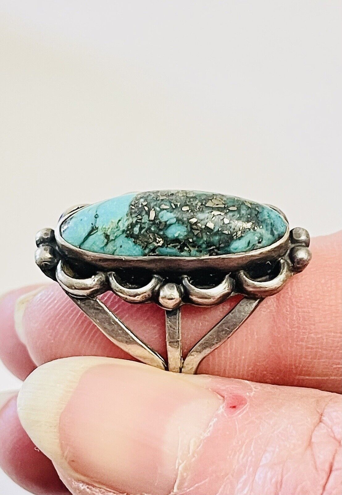 Remarkable Early 1900's Coin Sterling Silver Turquoise Ring Navajo Size 7.5