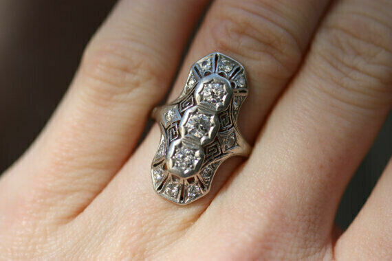 Vintage Circa 1900'S Three Stone Ring 14K White Gold Over 2 Ct Simulated Diamond