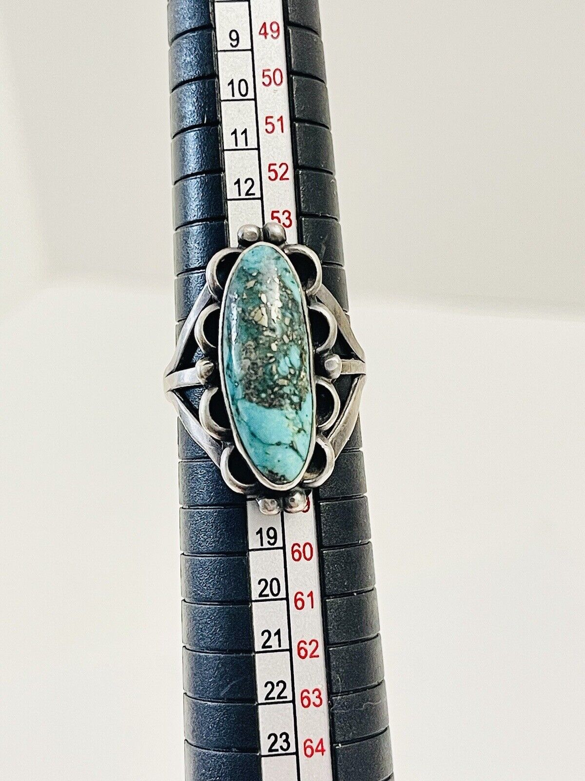 Remarkable Early 1900's Coin Sterling Silver Turquoise Ring Navajo Size 7.5