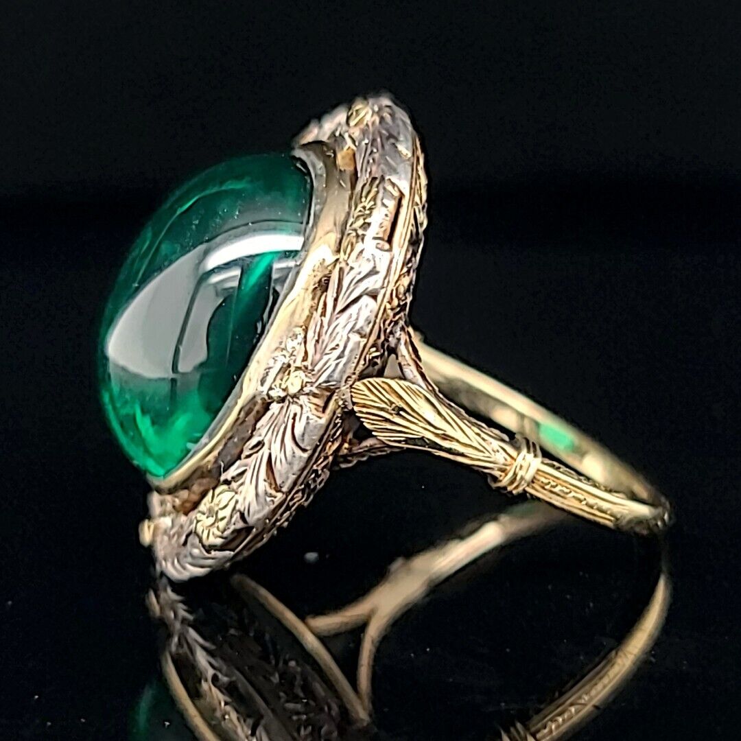 VINTAGE 14K TWO-TONE GOLD RING 10.65CT. GREEN EMERALD CABOCHON OVAL CIRC 1900'S