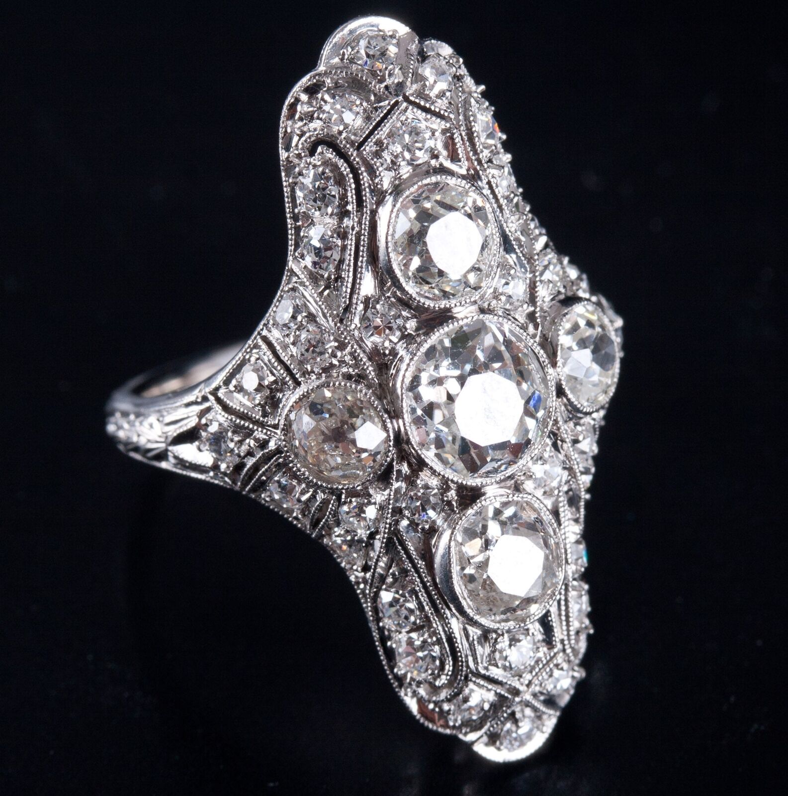 Vintage 1900s Platinum J SI1 Old European Diamond Filigree Cocktail Ring 2.19ctw