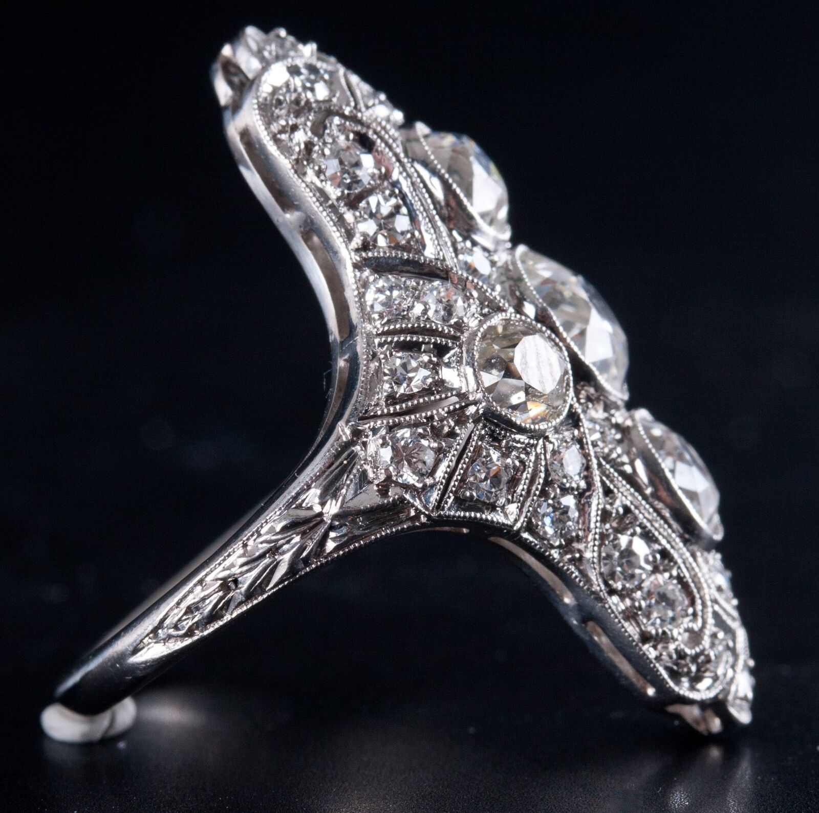 Vintage 1900s Platinum J SI1 Old European Diamond Filigree Cocktail Ring 2.19ctw