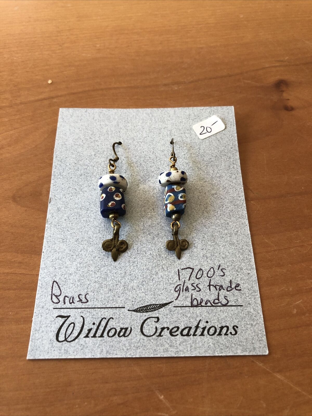 Willow Creations Brass Dangle Earrings, 1700’s Glass Trade Beads - NEW