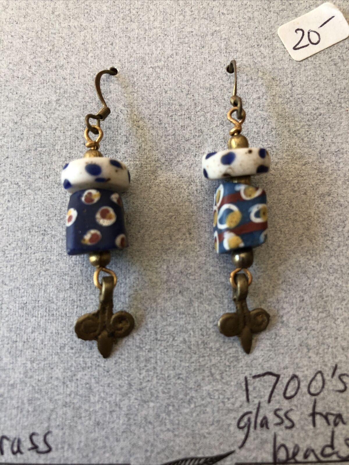 Willow Creations Brass Dangle Earrings, 1700’s Glass Trade Beads - NEW