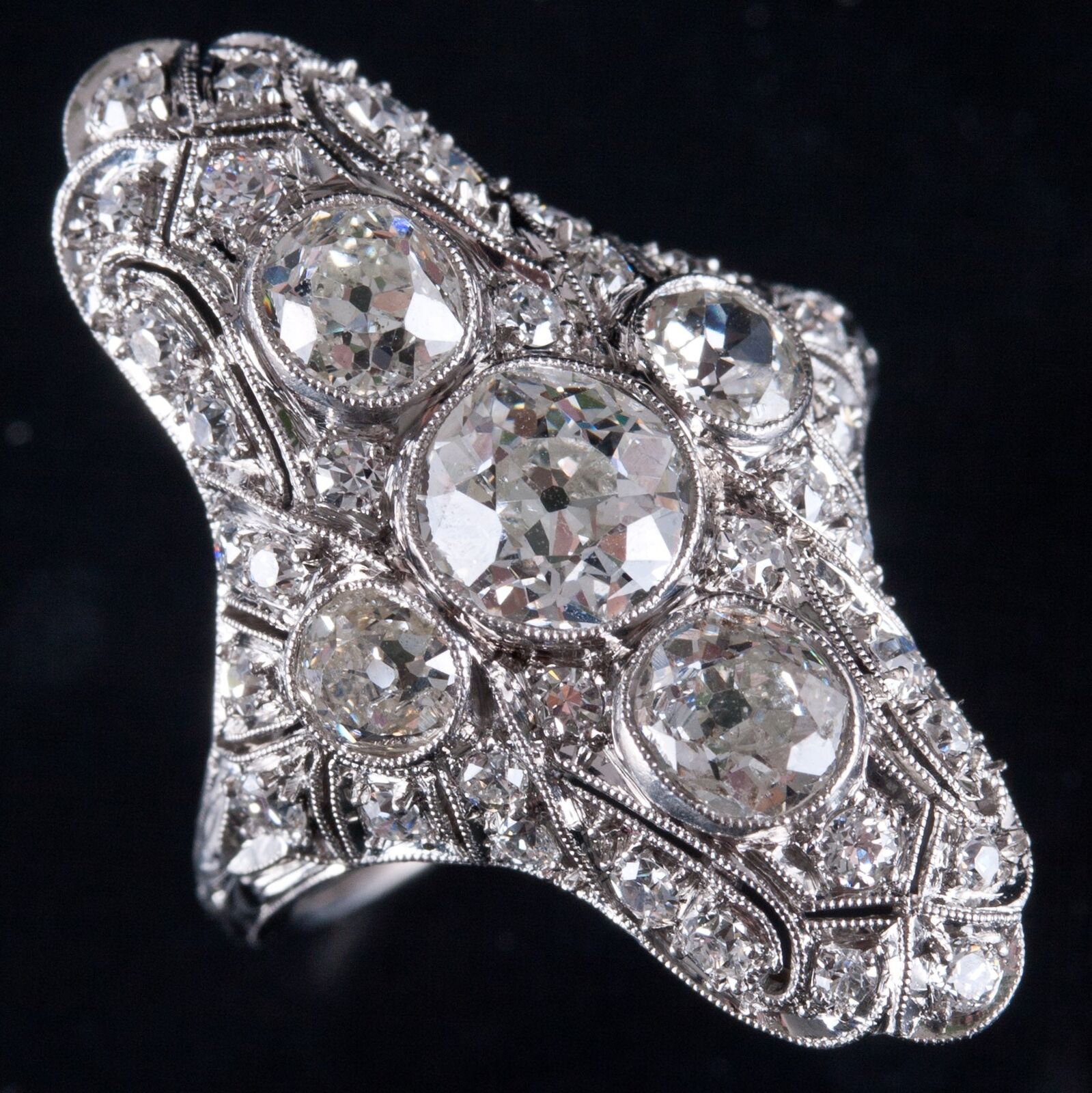 Vintage 1900s Platinum J SI1 Old European Diamond Filigree Cocktail Ring 2.19ctw
